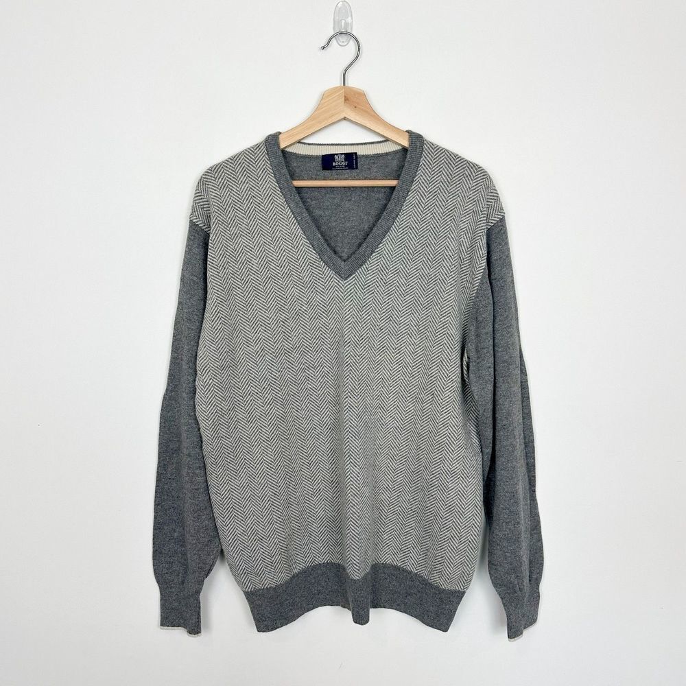 Boggi Milano V Neck Jumper Sweater Grey Herringbone Wool Cashmere Blend XL